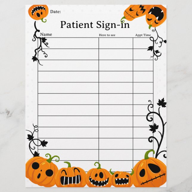 Cute Halloween Patient Appointment Sign-In Sheet (Front)