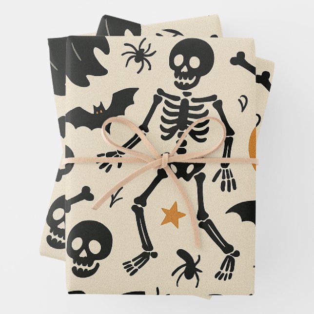 Cute Halloween Pattern Ghosts Pumpkins Skeletons Wrapping Paper Sheet (In situ)