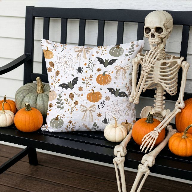 Cute Halloween Pattern Pumpkins Bats Bows Outdoor Pillow (Creator Uploaded)