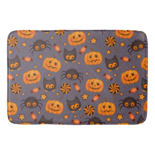 Cute Halloween Pattern Purple Background Bath Mat