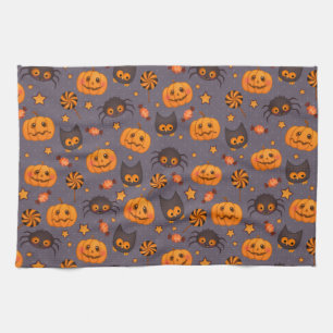 Cute Halloween Pattern Purple Background Kitchen Towel