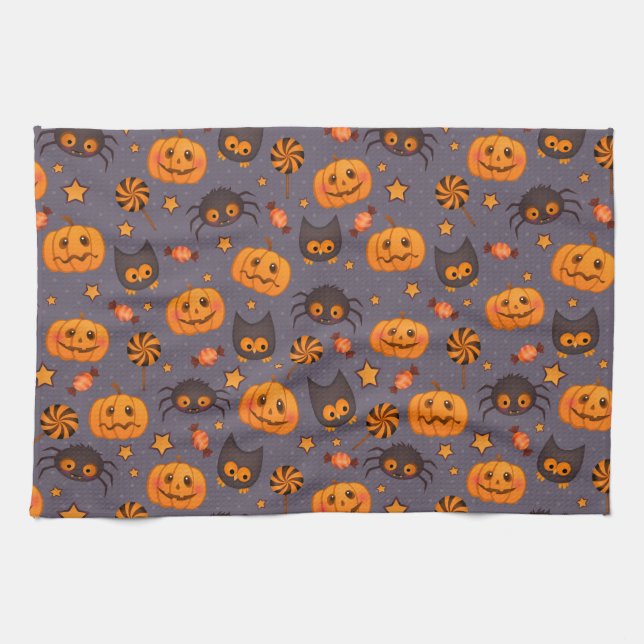 Cute Halloween Pattern Purple Background Kitchen Towel (Horizontal)