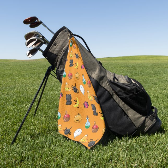 Cute Halloween Pattern with orange background Golf Towel (Green)