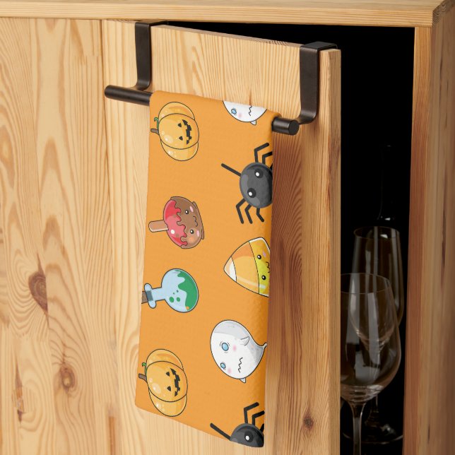 Cute Halloween Pattern with orange background Kitchen Towel (Thirds Fold)
