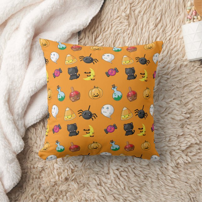 Cute Halloween Pattern with orange background Throw Pillow (Blanket)
