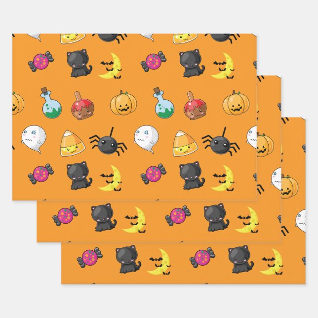 Cute Halloween Pattern with orange background Wrapping Paper Sheet (Set)