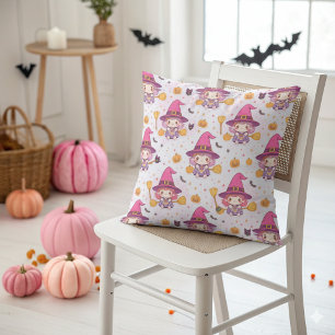 Cute Halloween Pattern with Pumpkins and Ghosts Throw Pillow