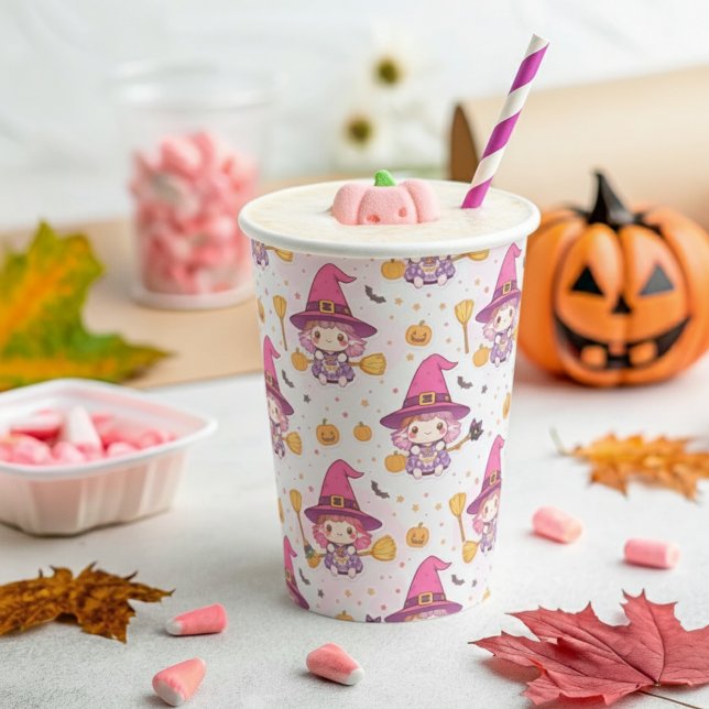  Cute Halloween Pattern with Witch and Pumpkins  Paper Cups (Creator Uploaded)