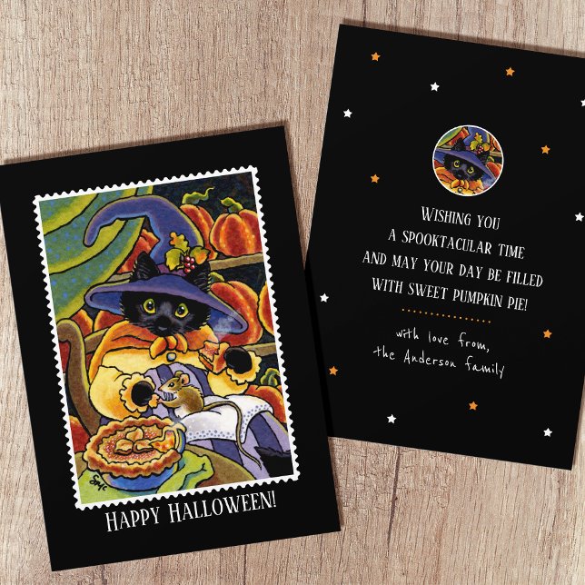 Cute Halloween Pie Witch Black Cat Mouse Fun Flat Card (Creator Uploaded)