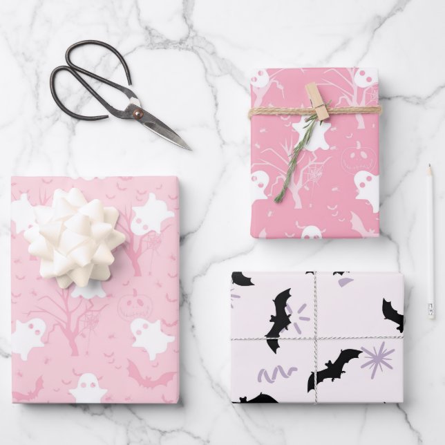 Cute halloween pink ghost and bat wrapping paper sheet (Front)