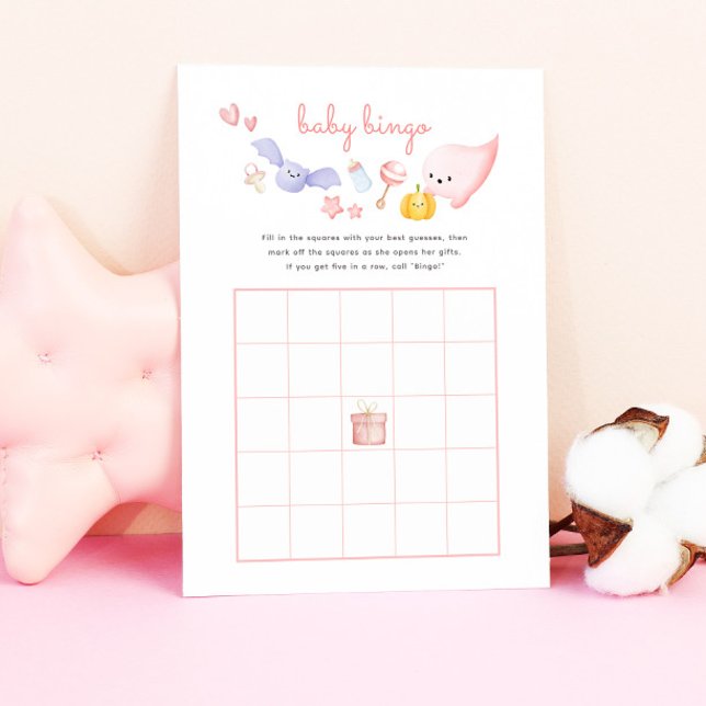 Cute Halloween Pink Ghost Baby Shower Bingo Game (pink baby shower bingo game with cute ghost and halloween illustrations)