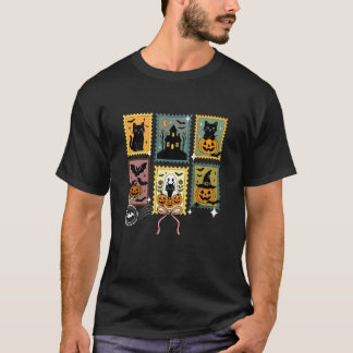 Cute Halloween Postage Stamps Black Cat Pumpkin De T-Shirt