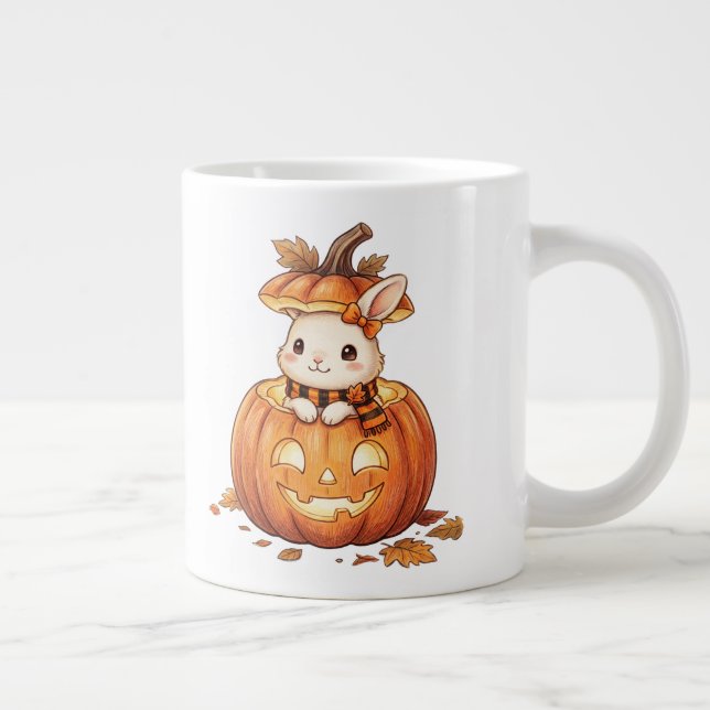 Cute Halloween Pumpkin Bunny - Cozy Fall Rabbit Ar Large Coffee Mug (Right)