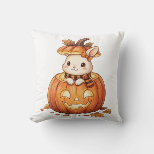 Cute Halloween Pumpkin Bunny - Cozy Fall Rabbit Ar Throw Pillow