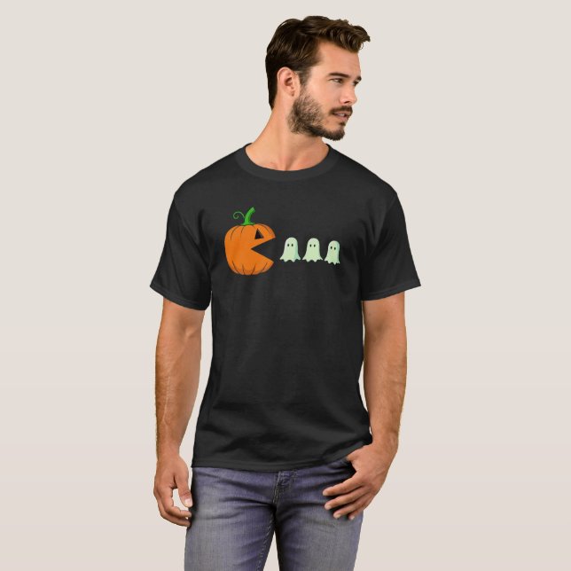 Cute Halloween Pumpkin Eats Ghosts Funny Gamer T-Shirt (Front Full)
