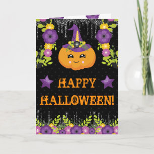 Cute Halloween Pumpkin Floral Greeting Card