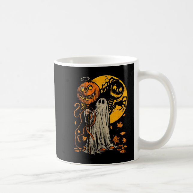 Cute Halloween Pumpkin Ghost Autumn Leaves Graphic Coffee Mug (Right)