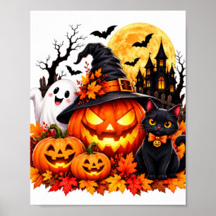 Cute Halloween Pumpkin Ghost Black Cat Spooky Fall Poster