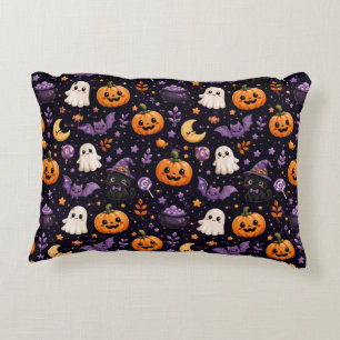 Cute Halloween Pumpkin Ghost Cat Bat Pattern Art Accent Pillow