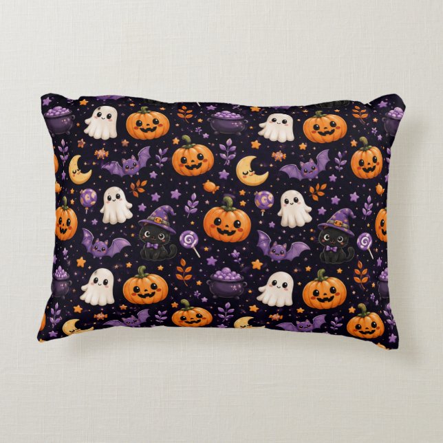 Cute Halloween Pumpkin Ghost Cat Bat Pattern Art Accent Pillow (Back)