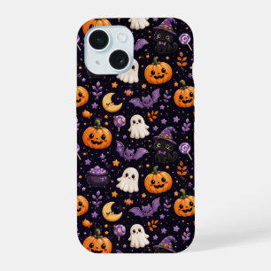 Cute Halloween Pumpkin Ghost Cat Bat Pattern Art iPhone 15 Case