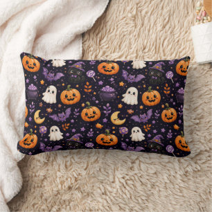 Cute Halloween Pumpkin Ghost Cat Bat Pattern Art Lumbar Pillow