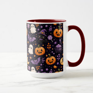 Cute Halloween Pumpkin Ghost Cat Bat Pattern Art Mug