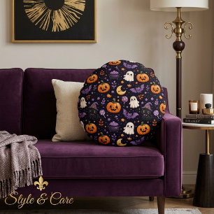 Cute Halloween Pumpkin Ghost Cat Bat Pattern Art Round Pillow