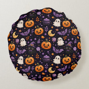 Cute Halloween Pumpkin Ghost Cat Bat Pattern Art Round Pillow