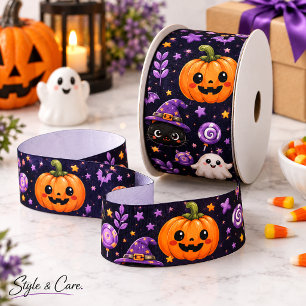 Cute Halloween Pumpkin Ghost Cat Bat Pattern Art Satin Ribbon