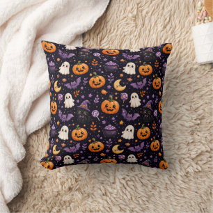 Cute Halloween Pumpkin Ghost Cat Bat Pattern Art Throw Pillow