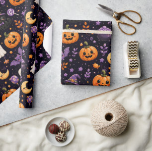 Cute Halloween Pumpkin Ghost Cat Bat Pattern Art Wrapping Paper