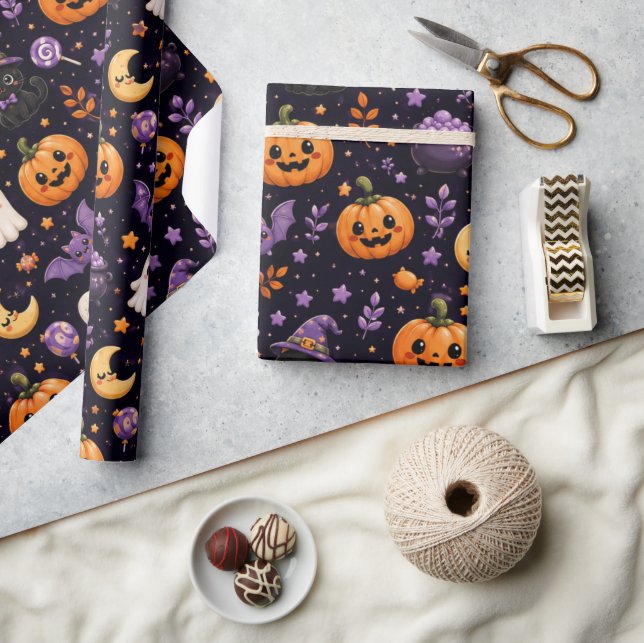 Cute Halloween Pumpkin Ghost Cat Bat Pattern Art Wrapping Paper (Crafts)