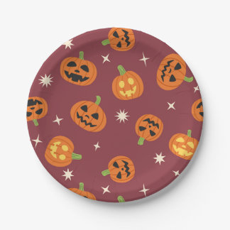 Cute Halloween Pumpkin Pattern dark red Paper Plate