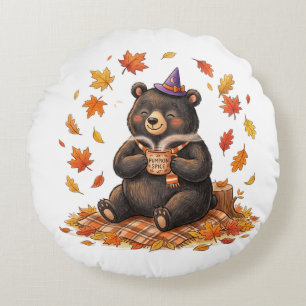 Cute Halloween Pumpkin Spice Bear Cozy Autumn T-Sh Round Pillow