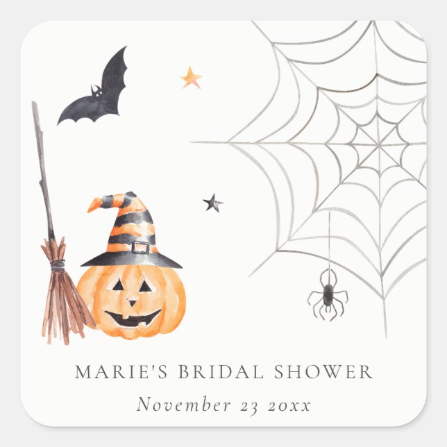 Cute Halloween Pumpkin Spider Web Bridal Shower Square Sticker (Front)