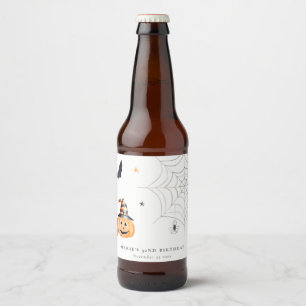 Cute Halloween Pumpkin Spiderweb Any Age Birthday Beer Bottle Label