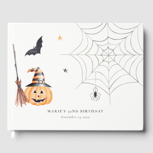 Cute Halloween Pumpkin Spiderweb Any Age Birthday Guest Book (Front)