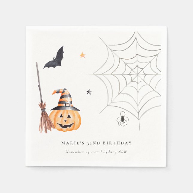 Cute Halloween Pumpkin Spiderweb Any Age Birthday Napkin (Front)