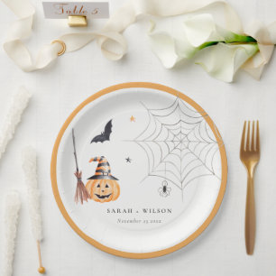 Cute Halloween Pumpkin Spiderweb Spooky Wedding Paper Plate