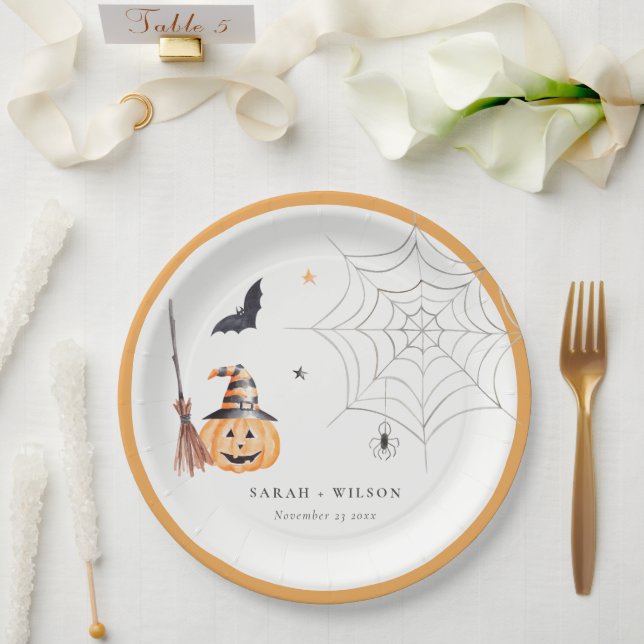 Cute Halloween Pumpkin Spiderweb Spooky Wedding Paper Plate (Wedding)