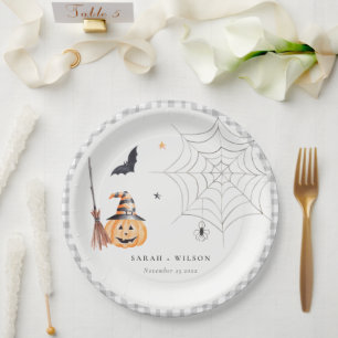 Cute Halloween Pumpkin Spiderweb Spooky Wedding Paper Plate
