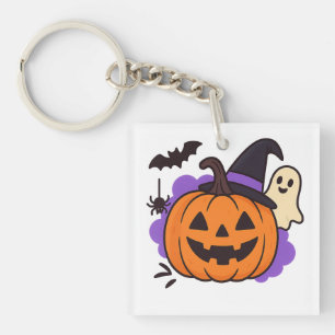Cute Halloween Pumpkin with Witch Hat – Ghost & Ba Keychain
