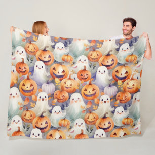 Cute halloween pumpkins and ghosts fleece blanket