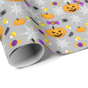 Cute Halloween Pumpkins and Spiders Pattern Wrapping Paper