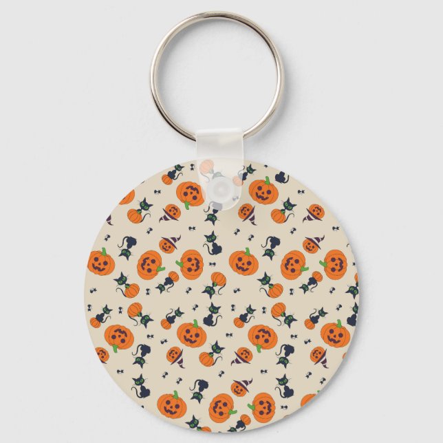 Cute Halloween Pumpkins & Black Cats Pattern Fleec Keychain (Front)