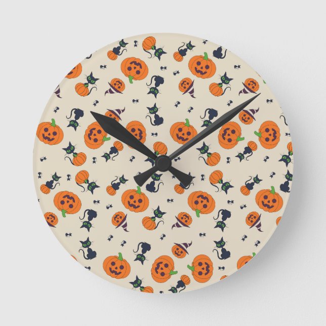 Cute Halloween Pumpkins & Black Cats Pattern Fleec Round Clock (Front)