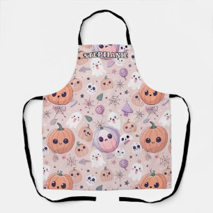 Cute Halloween Pumpkins & Ghosts on Pink Seamless Apron