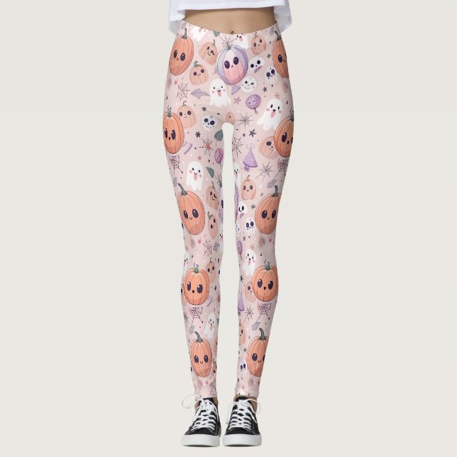 Cute Halloween Pumpkins & Ghosts on Pink Seamless Leggings (Front)