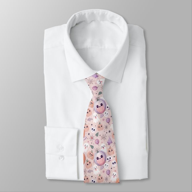 Cute Halloween Pumpkins & Ghosts on Pink Seamless Tie (Tied)